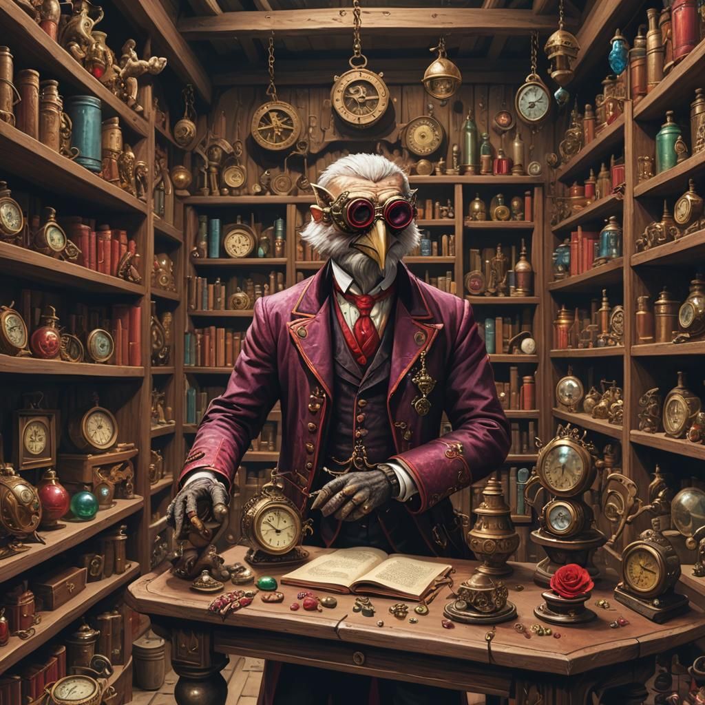 Owling Artificer in Medieval Workshop with Clockwork Creatur...