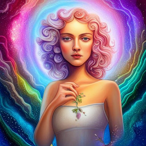 Fairy in Bubble with Flowers: Cosmic Illustration