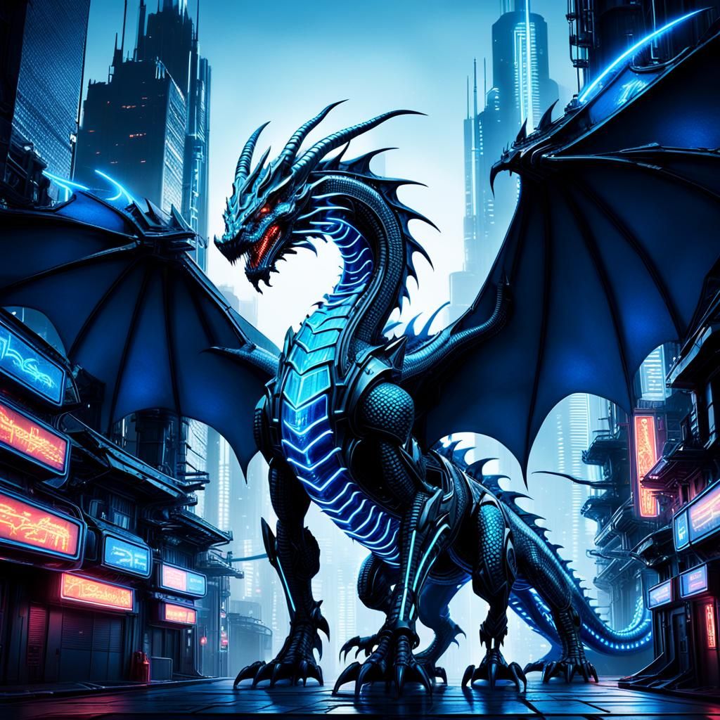 Cyberpunk Dragon in Futuristic Cityscape