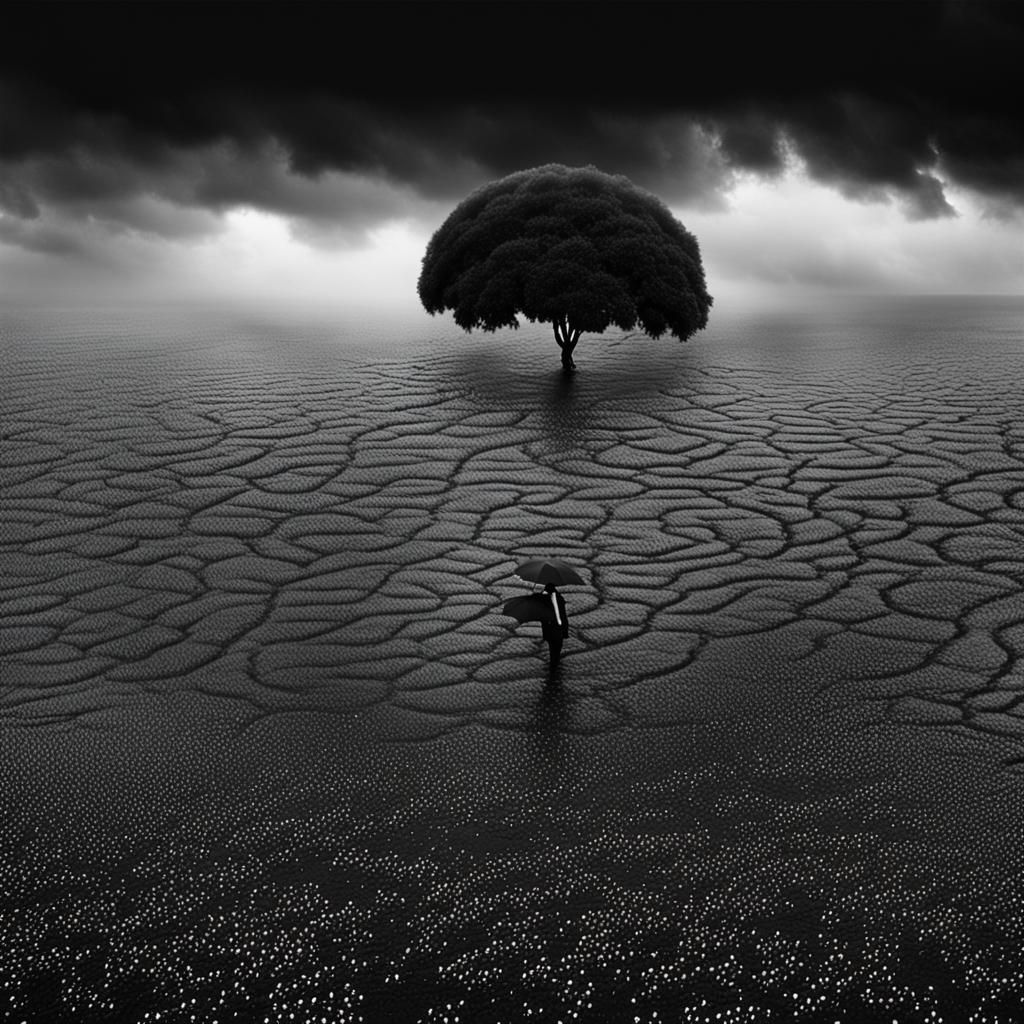 Lonely Figure in Black Martian Dreamscape