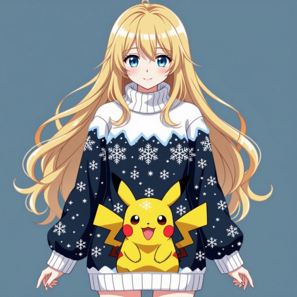 Anime Woman in Snowflake Pikachu Dress