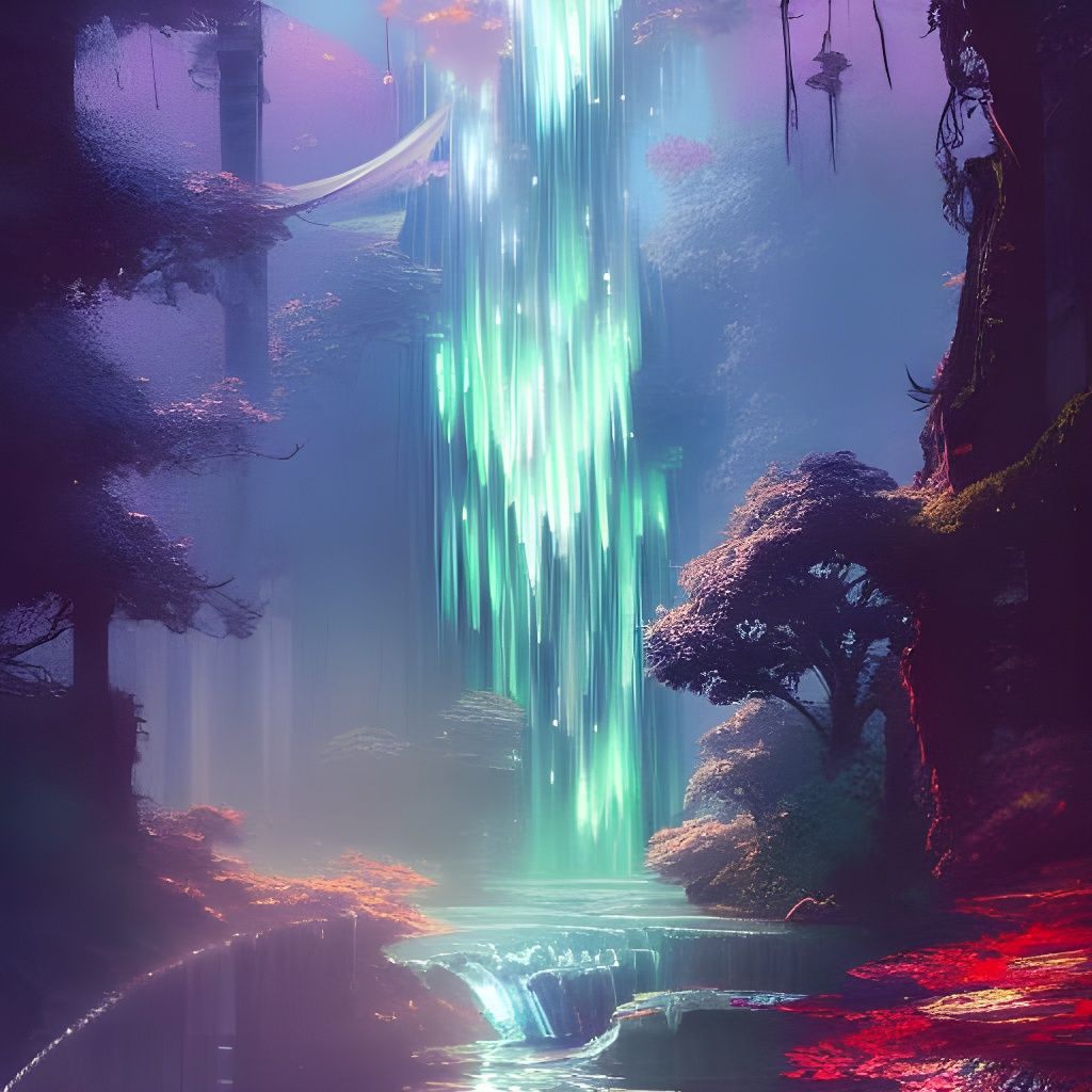 Luminescent Aurora Waterfall in Stained Glass Style
