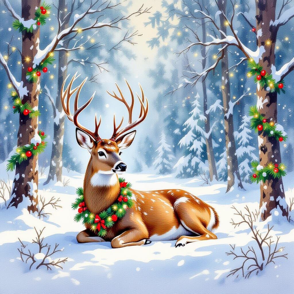 Festive Deer in Snowy Forest Watercolor