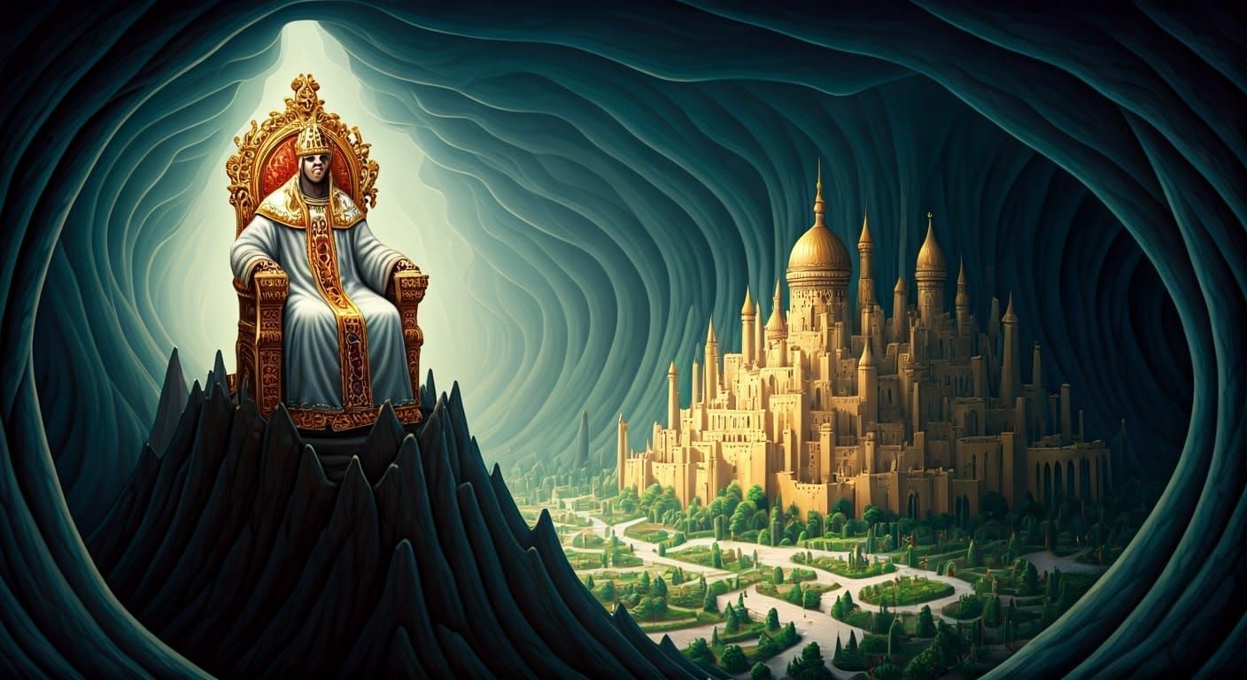 Benevolent King Overlooking Golden City in Dark Fantasy Art