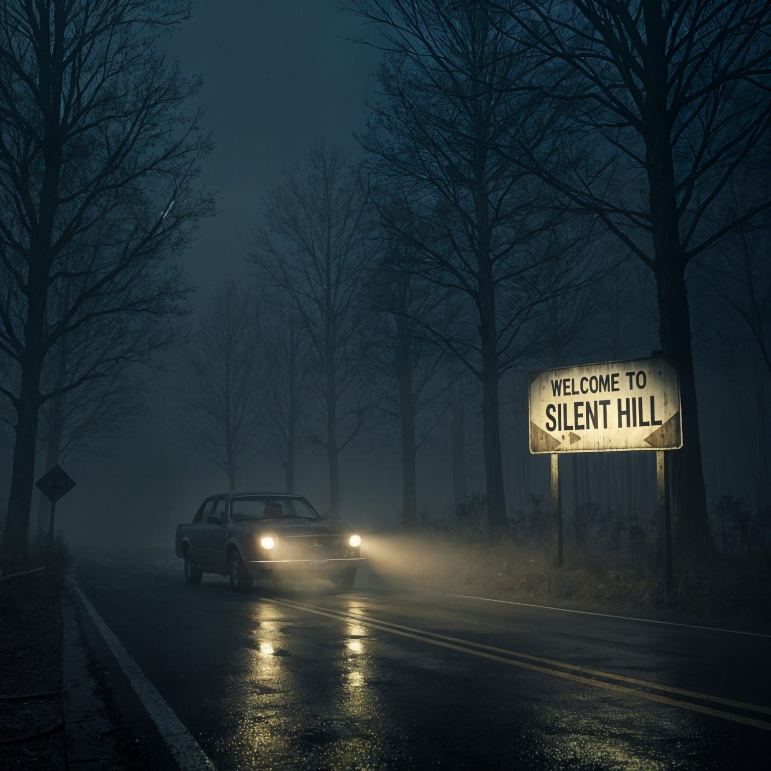 Eerie Forest Road at Night with Old Car and Fog