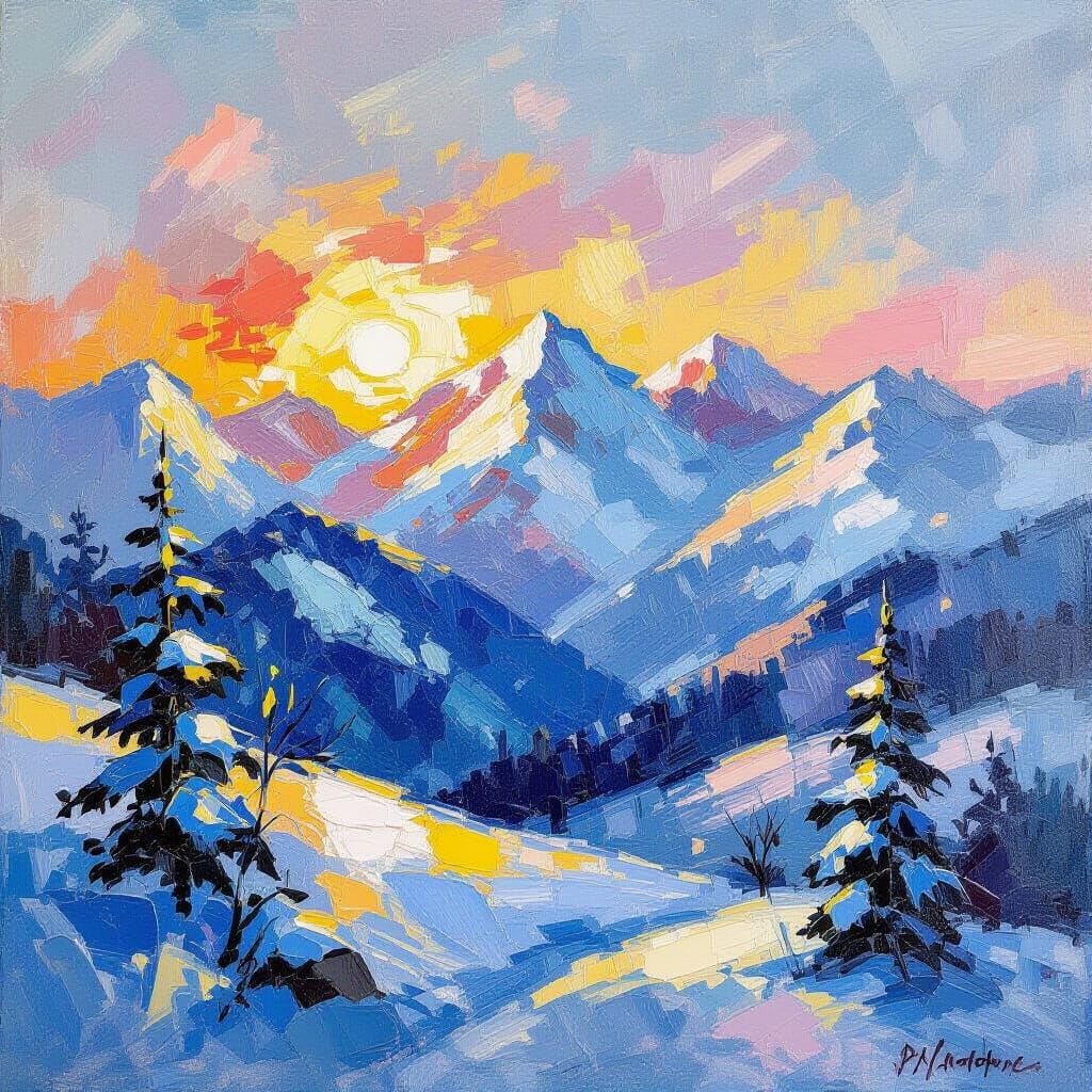 Snowy Mountain Shining in Morning Light Oil Painting