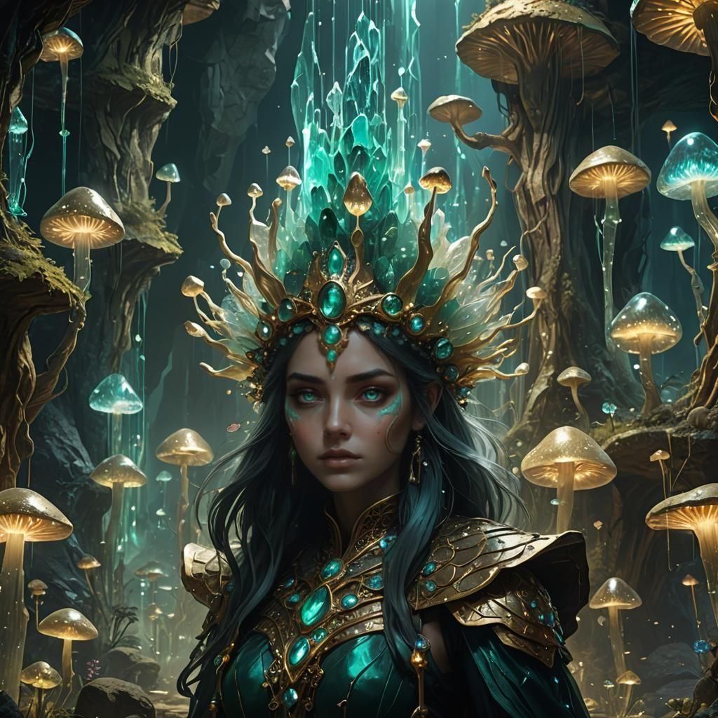 Iridescent Magic Maiden in Crystalline Cavern