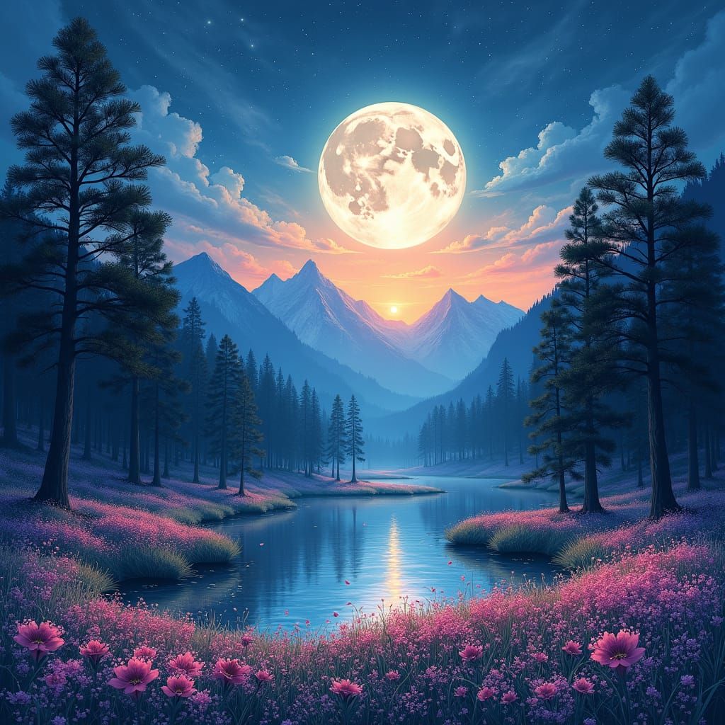 Moonlit Meadow: Digital Watercolor Fantasy Landscape