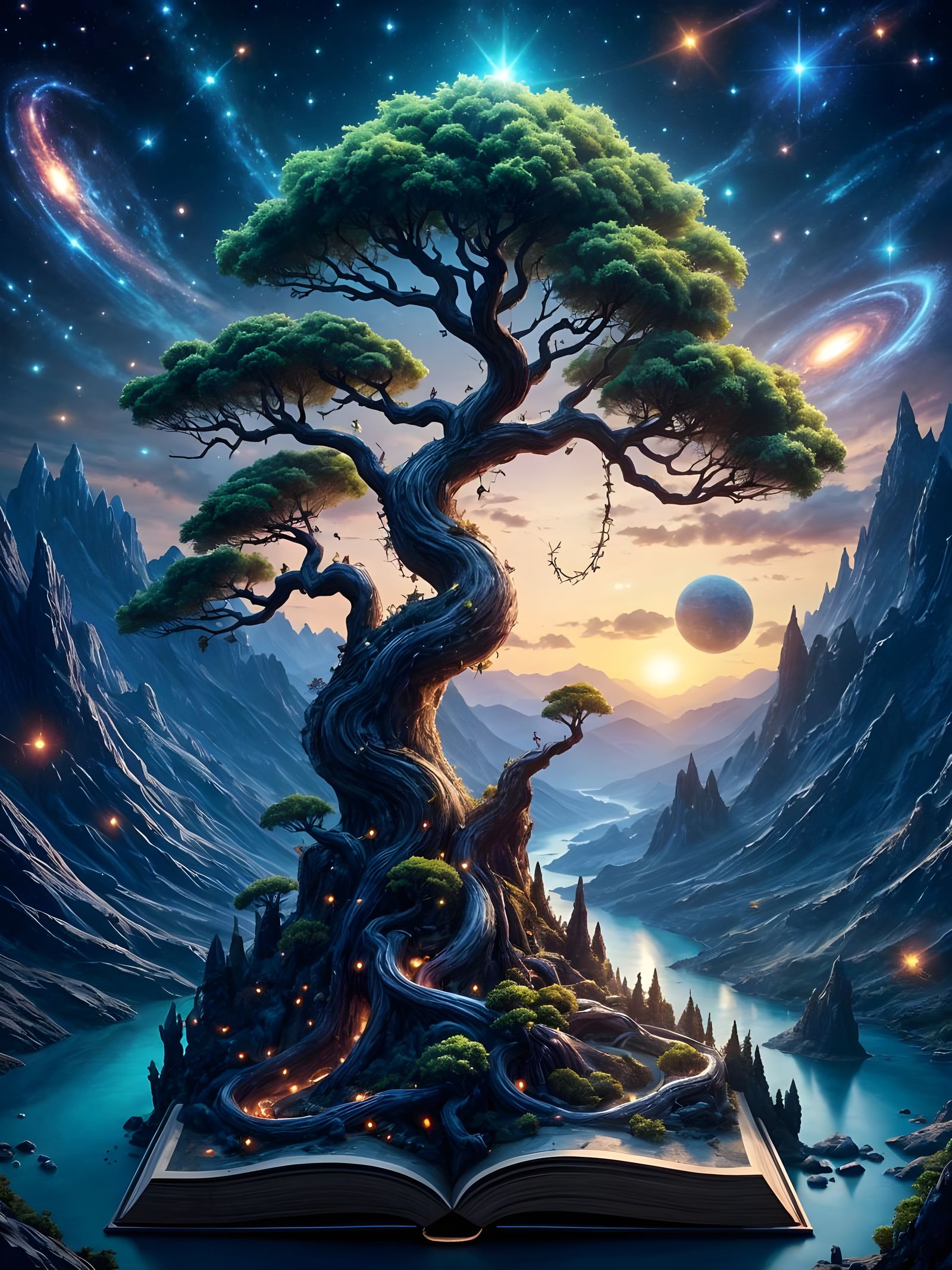 Bonzai Tree on Book Overlooking Mountain River