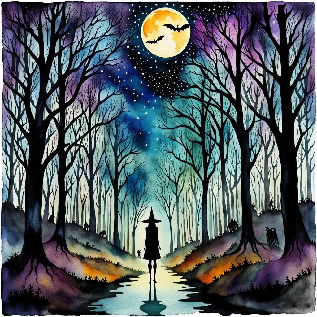 Watercolor Slender Man in Creepy Forest