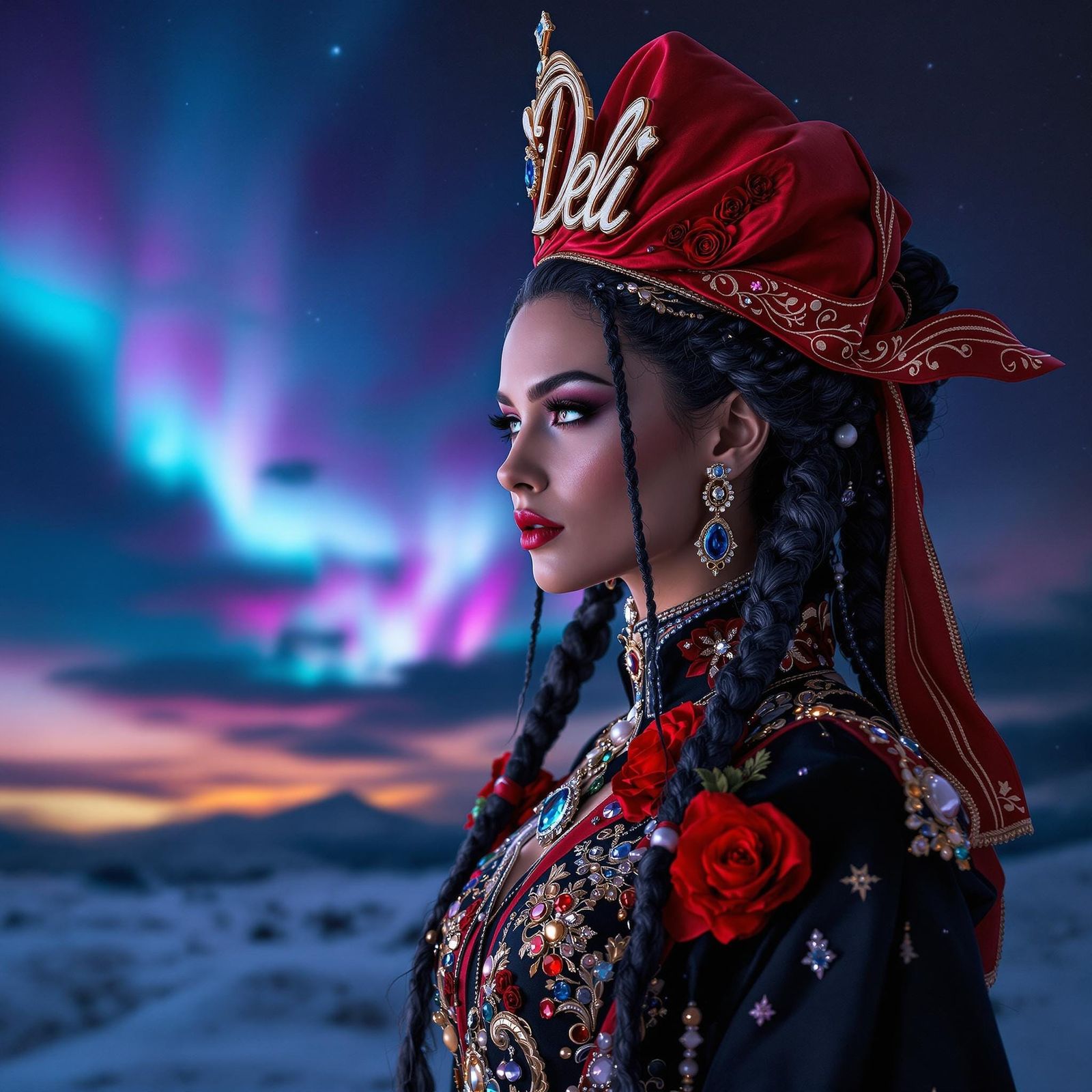 Elegant Woman in Aurora Lit Ukrainian-Inspired Attire with I...