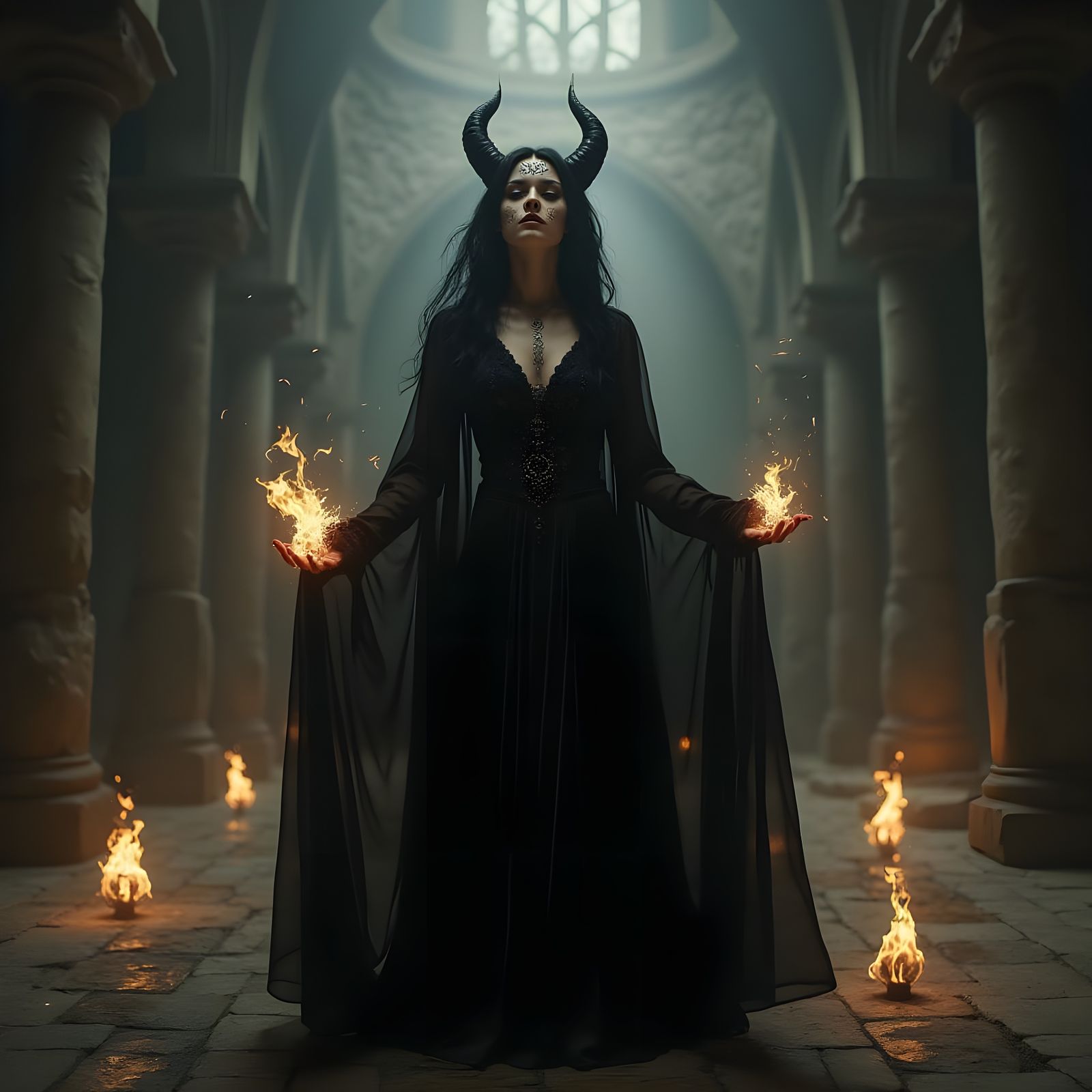 Demoness Recites Spell in Ancient Stone Hall