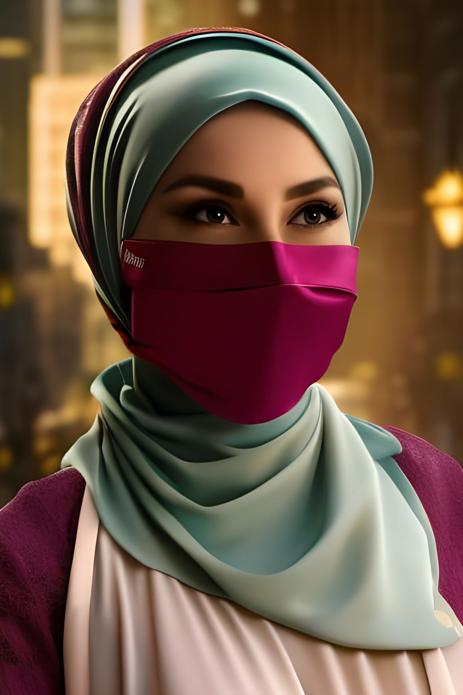 Woman in Hijab and Mask in Detailed Matte Painting