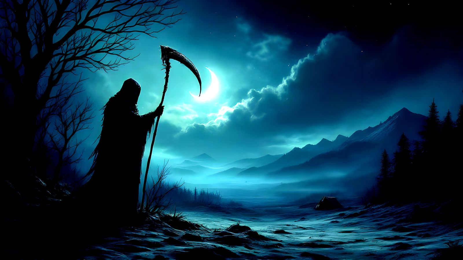 Epic Nighttime Scene with Death Emerging from Shadows