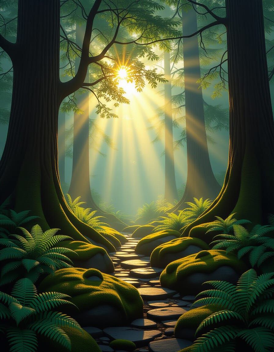 Ethereal Forest Clearing Lit by Volumetric Sunbeams