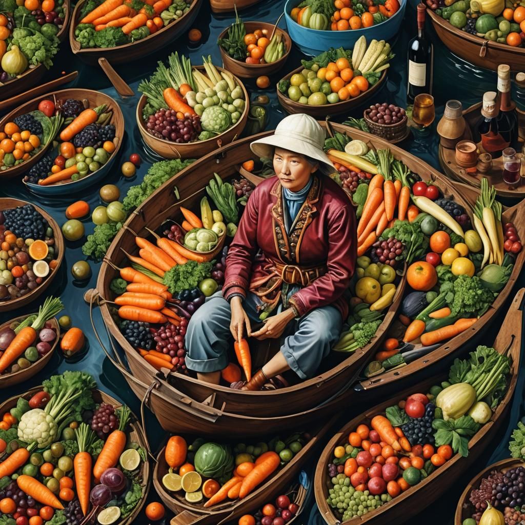 Hyperrealistic Carrot Fisherwoman in Chocolate Boat