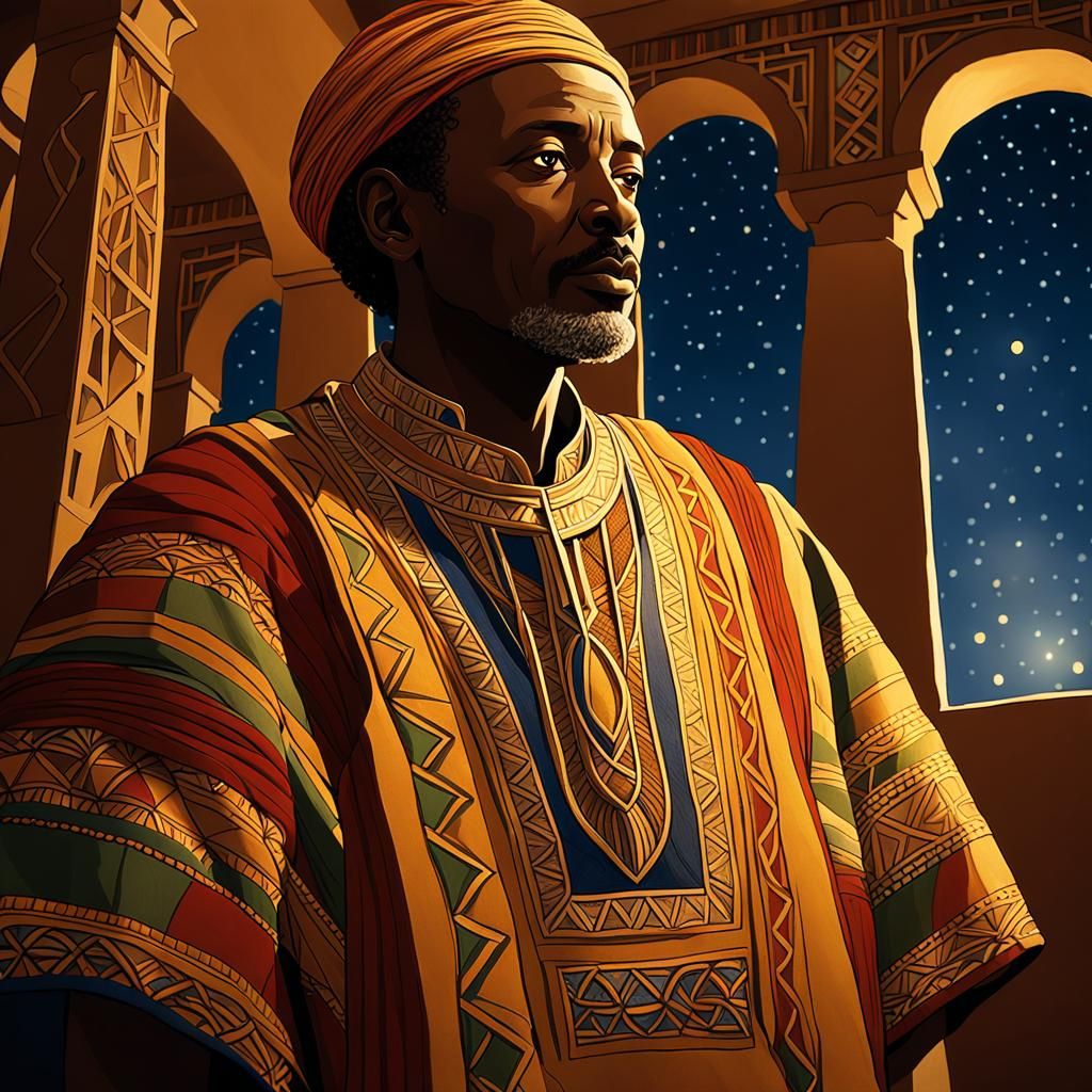 African King Gazing at Night Sky, Oil on Canvas
