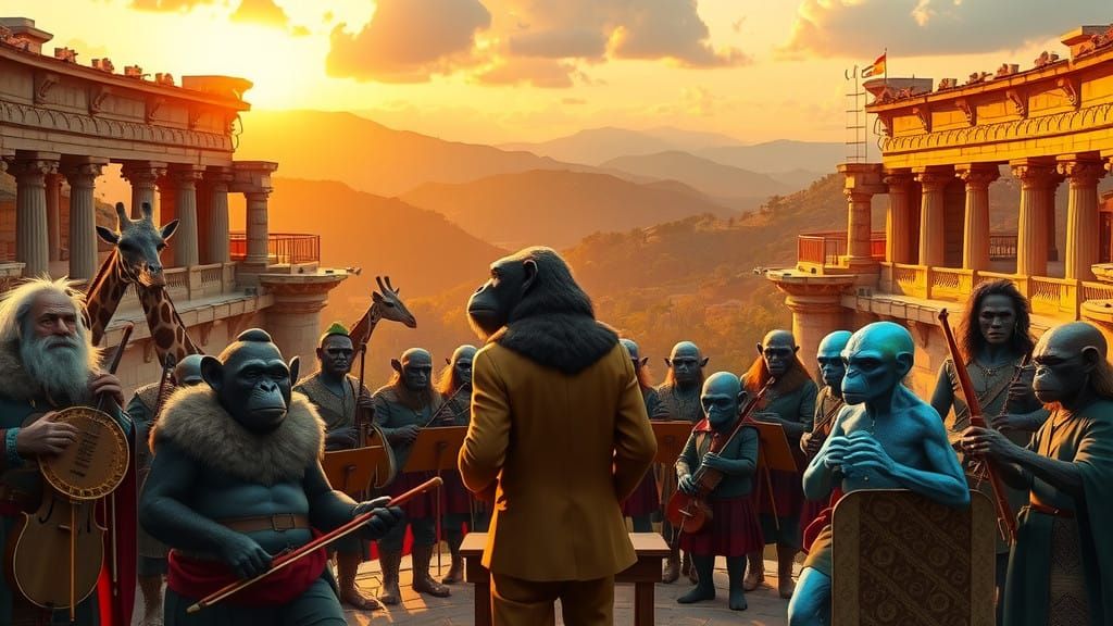 Ensemble of Fantastical Creatures and Aliens in a Vibrant Gr...