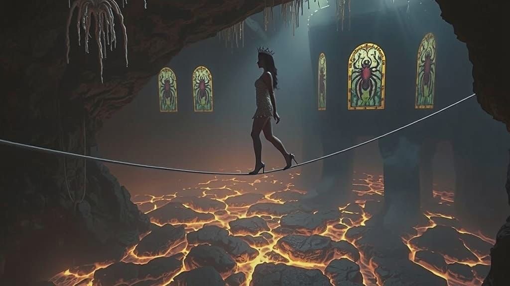 Woman on Tightrope in Lava Cave, Cinematic Film Still