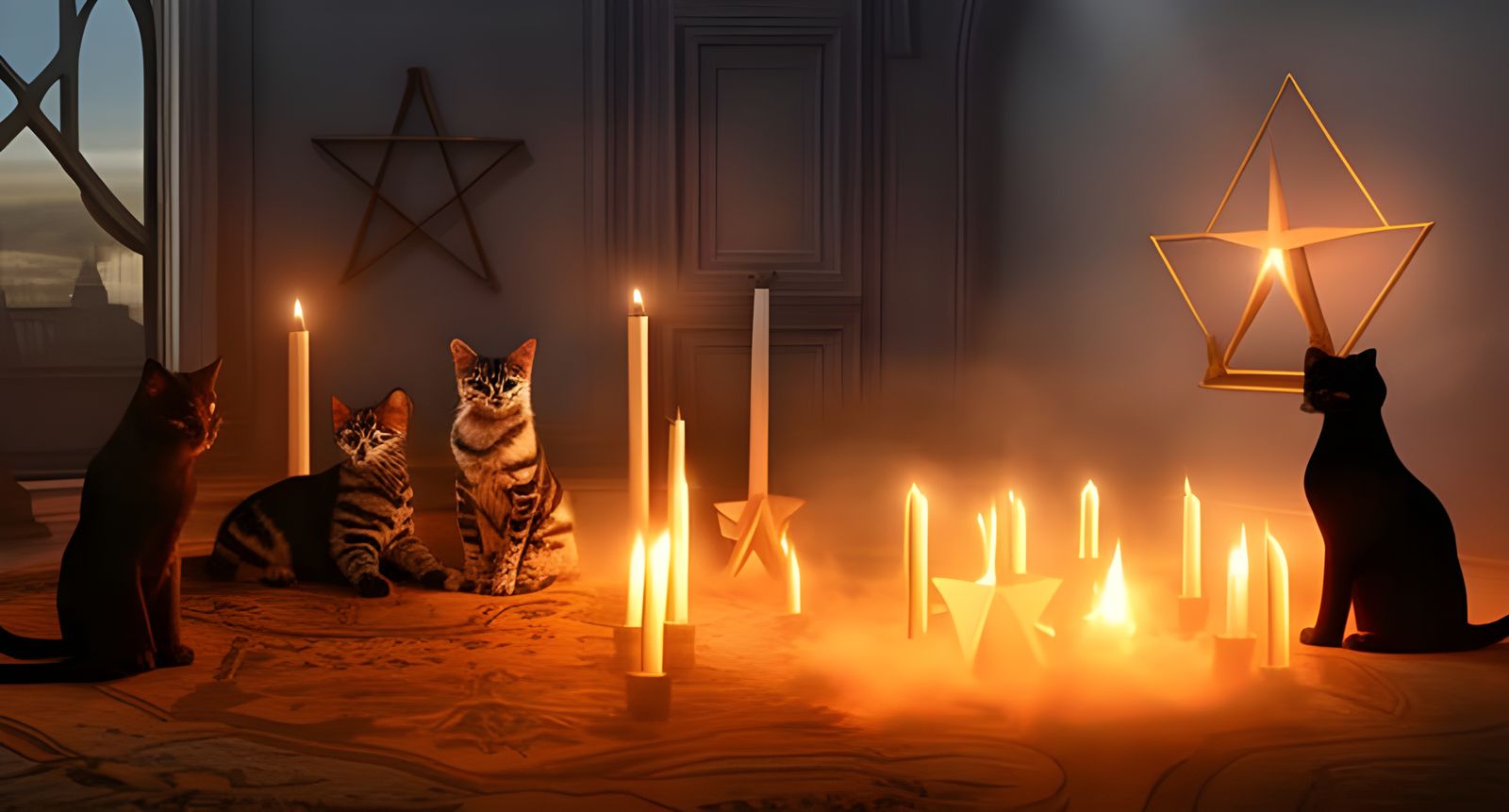 Cats Conjuring Magic Circle in Candlelit Room