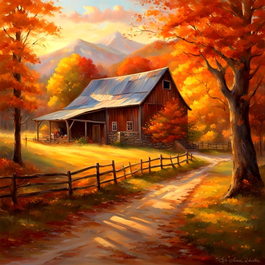 Autumn Barn Scene with Vibrant Fall Leaves