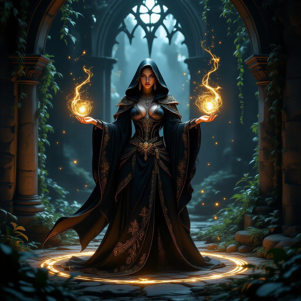 Sorceress Commanding Elements in Gothic Ruins