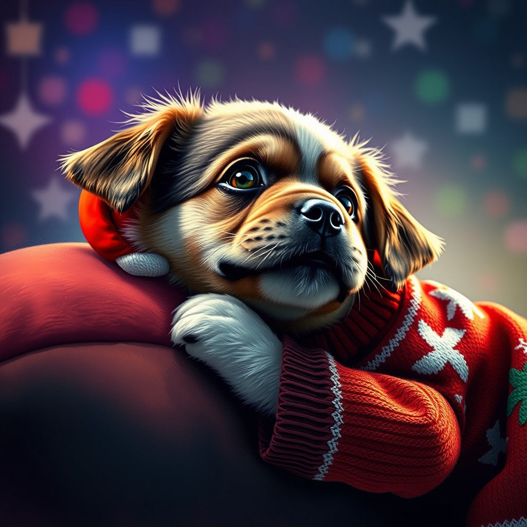Festive Puppy Awaits Santa, Hyperrealistic Splash Art