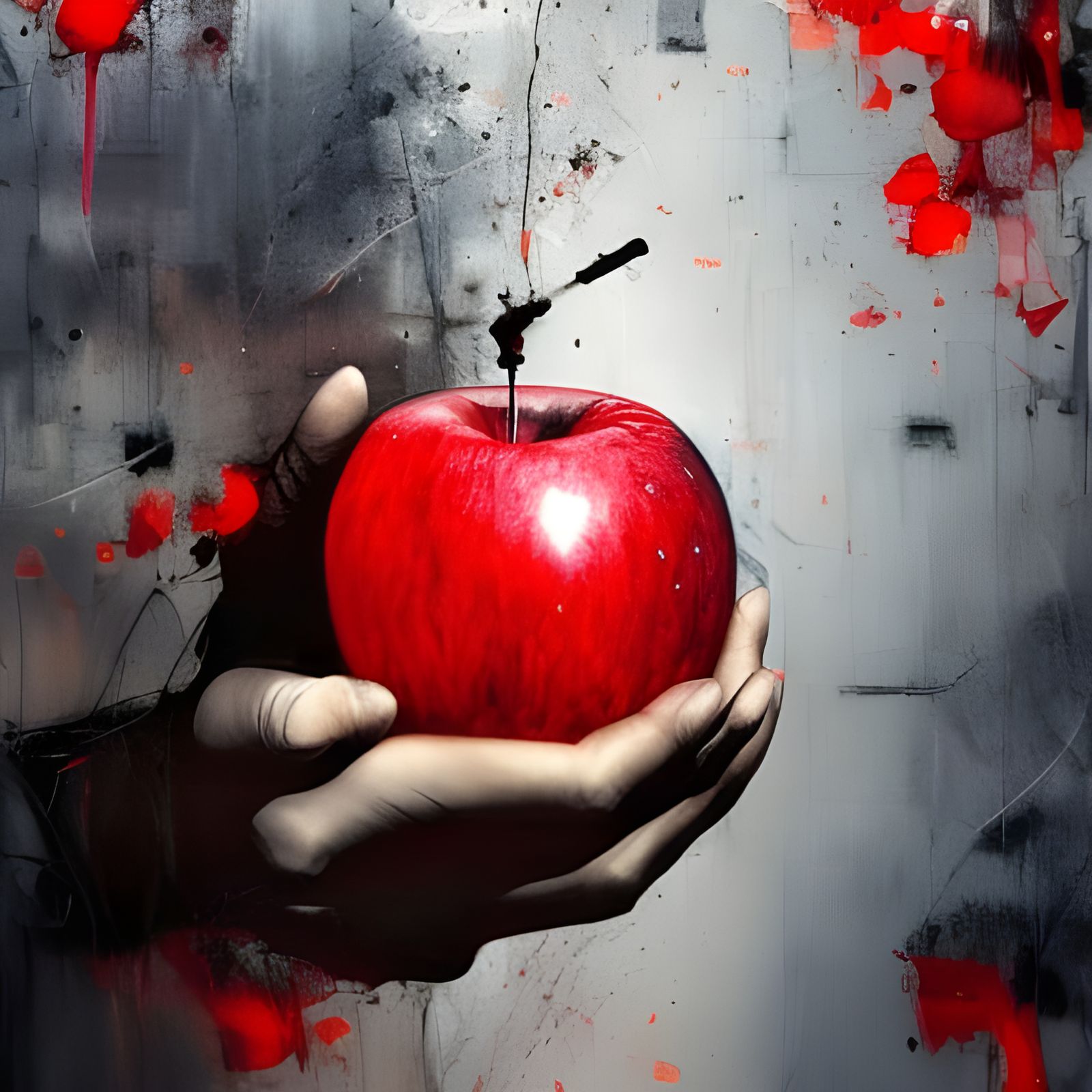 Sinister Grey Hand Offering a Red Apple