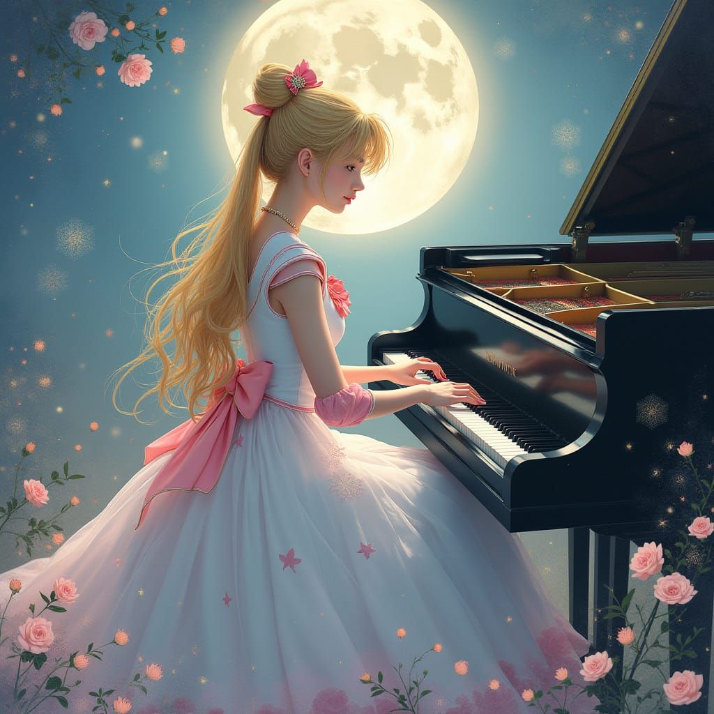 Sailor Moon Plays Melancholic Piano Ballad in Elegant Moonli...