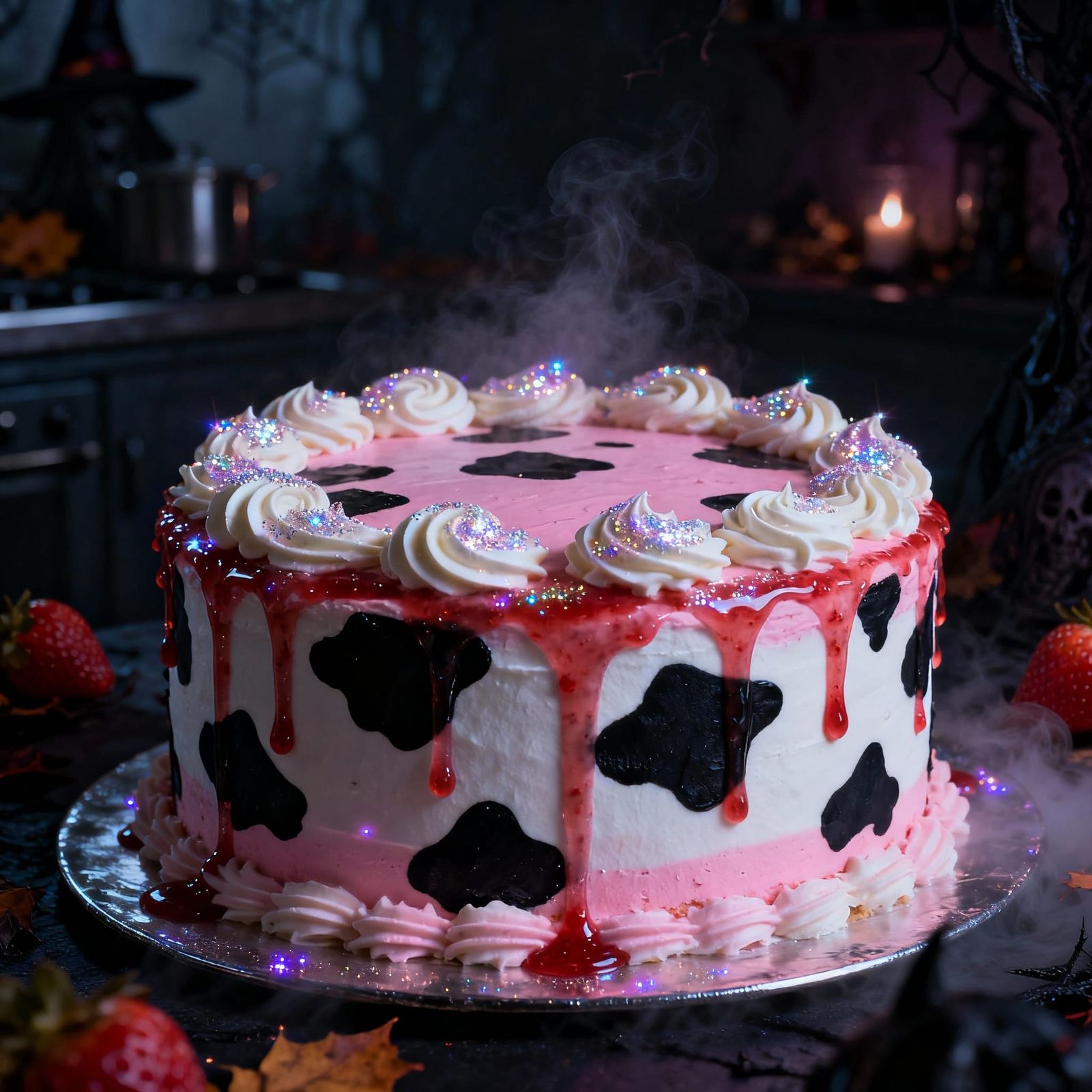 Gothic Strawberry Milk Cake with Cow Print Frosting