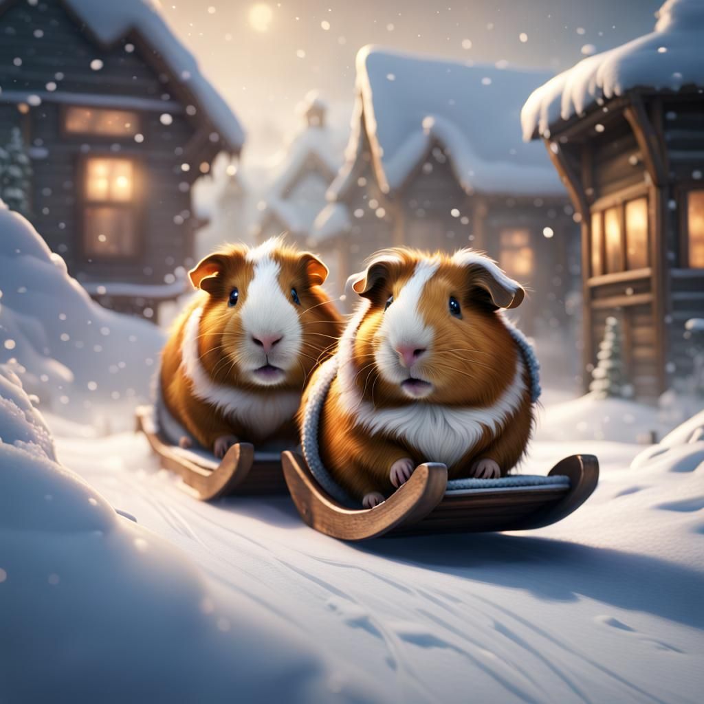 Guinea Pigs Sledding in Snow, Fantasy Art