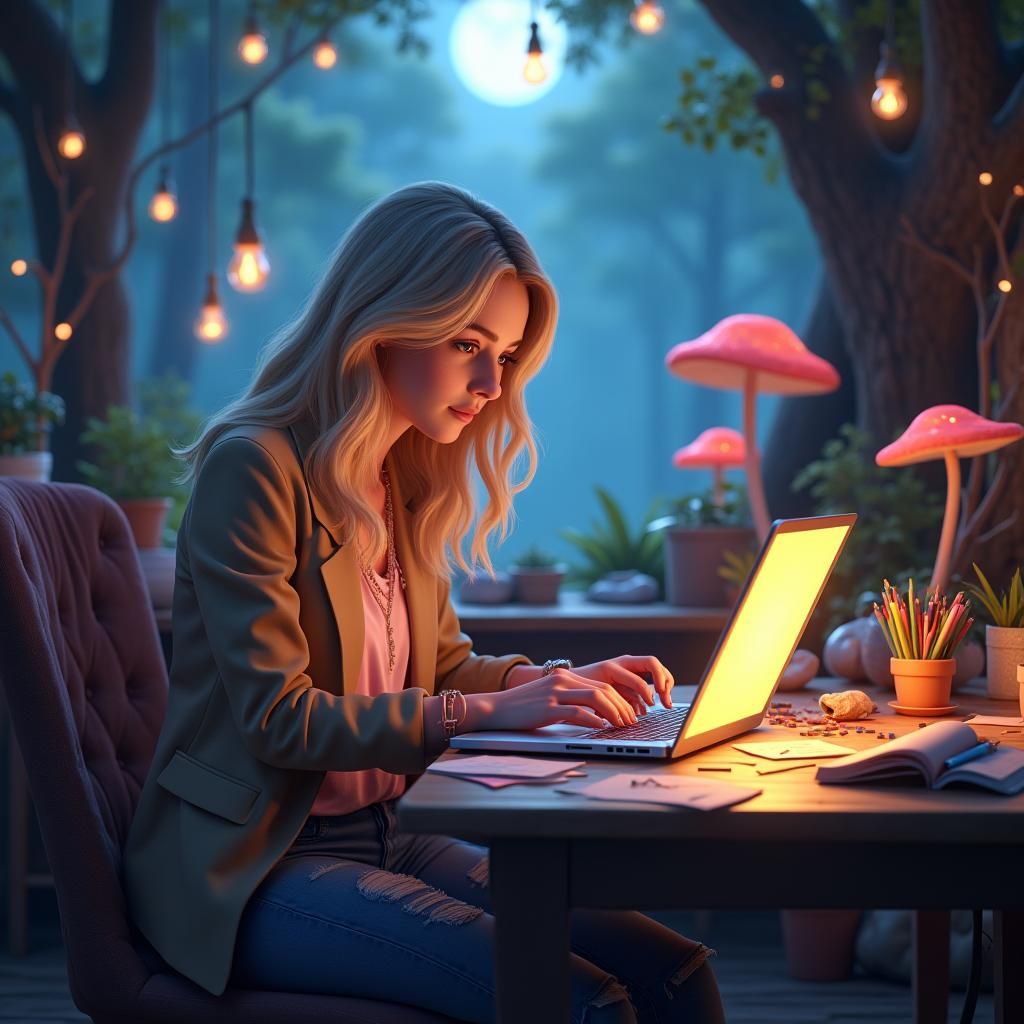 Woman with Futuristic Laptop in Dreamy Forest