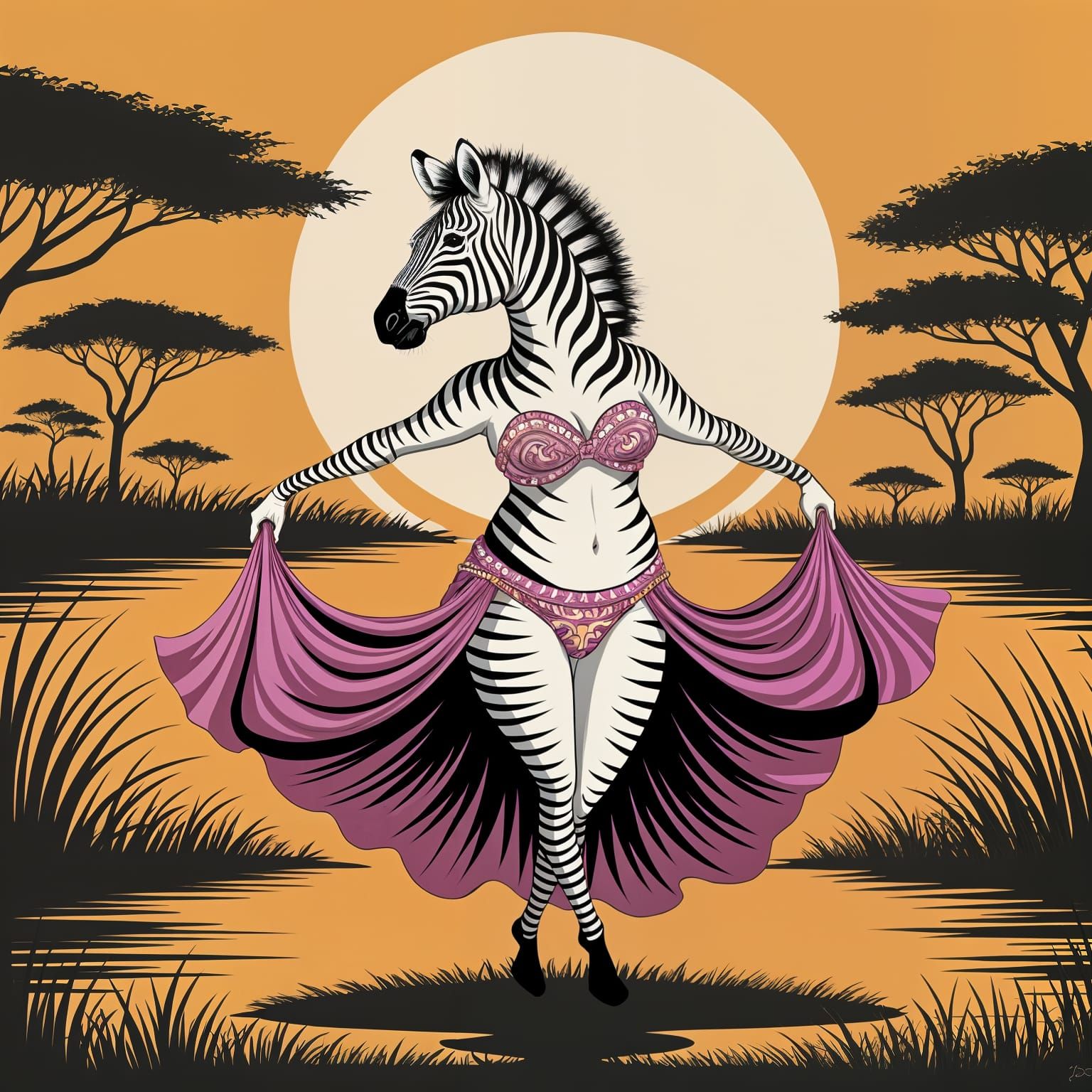 Zebra in Elegant Belly Dance Pose under Sunset Savanna