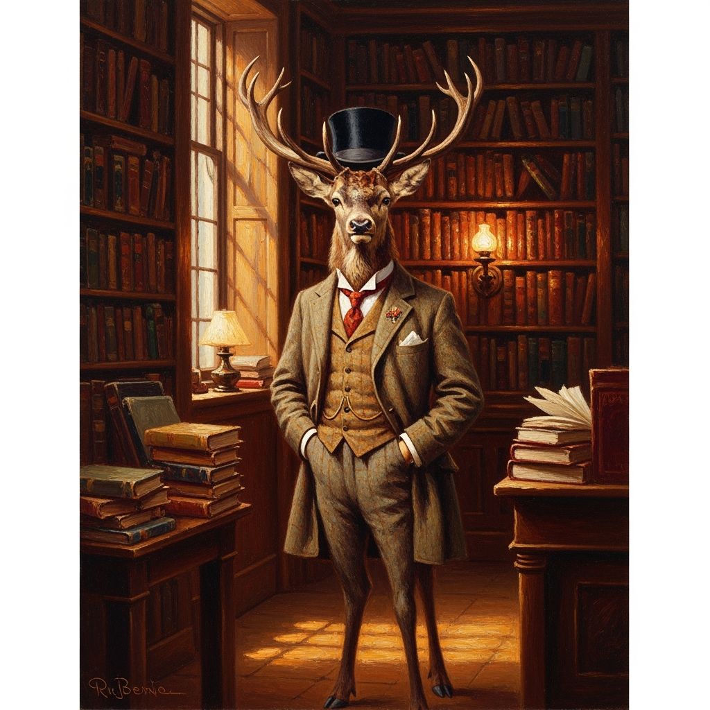 Steampunk Stag in Tweed Suit in Old Bookshop Painting