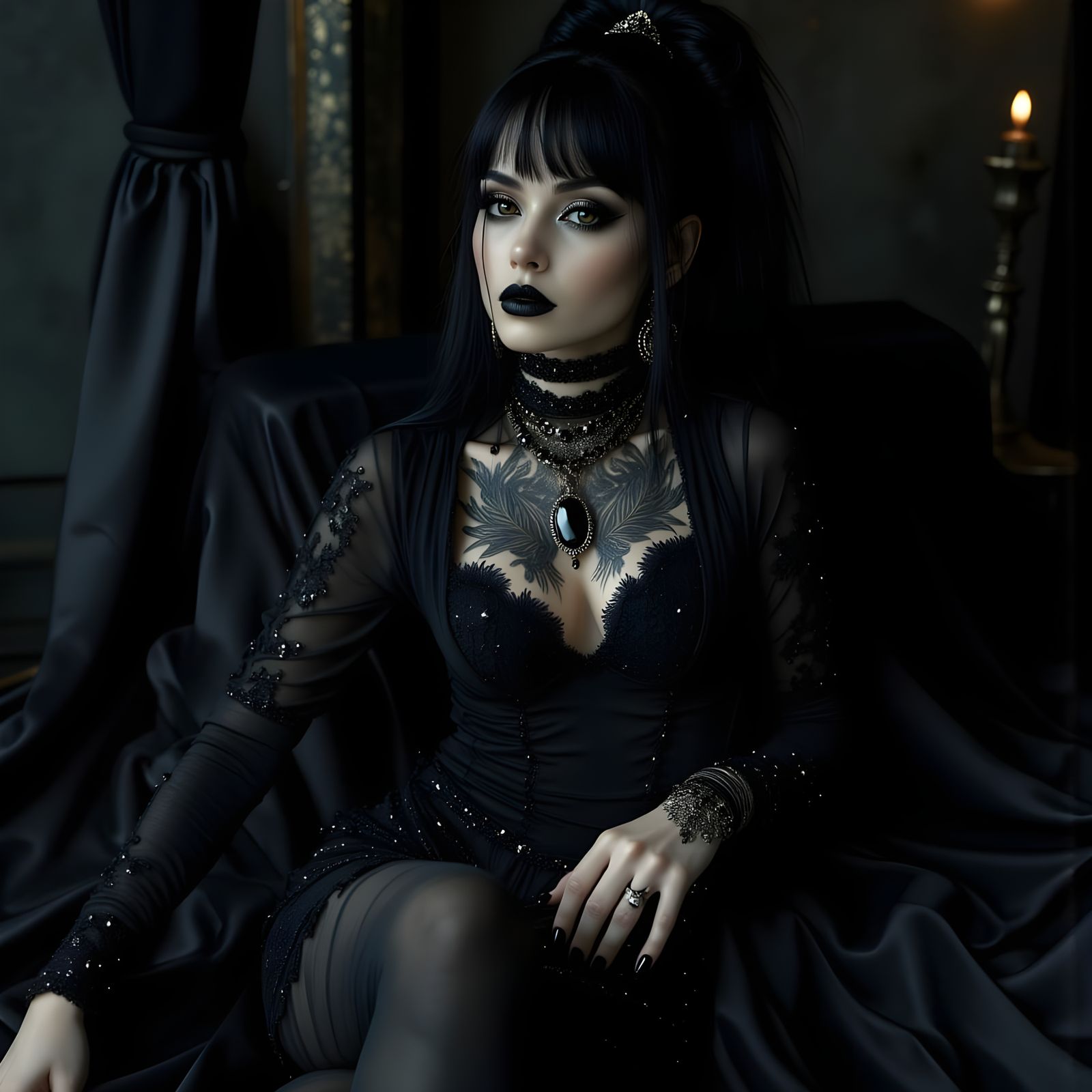 Gothic Woman in Black Dress with Intricate Tattoos
