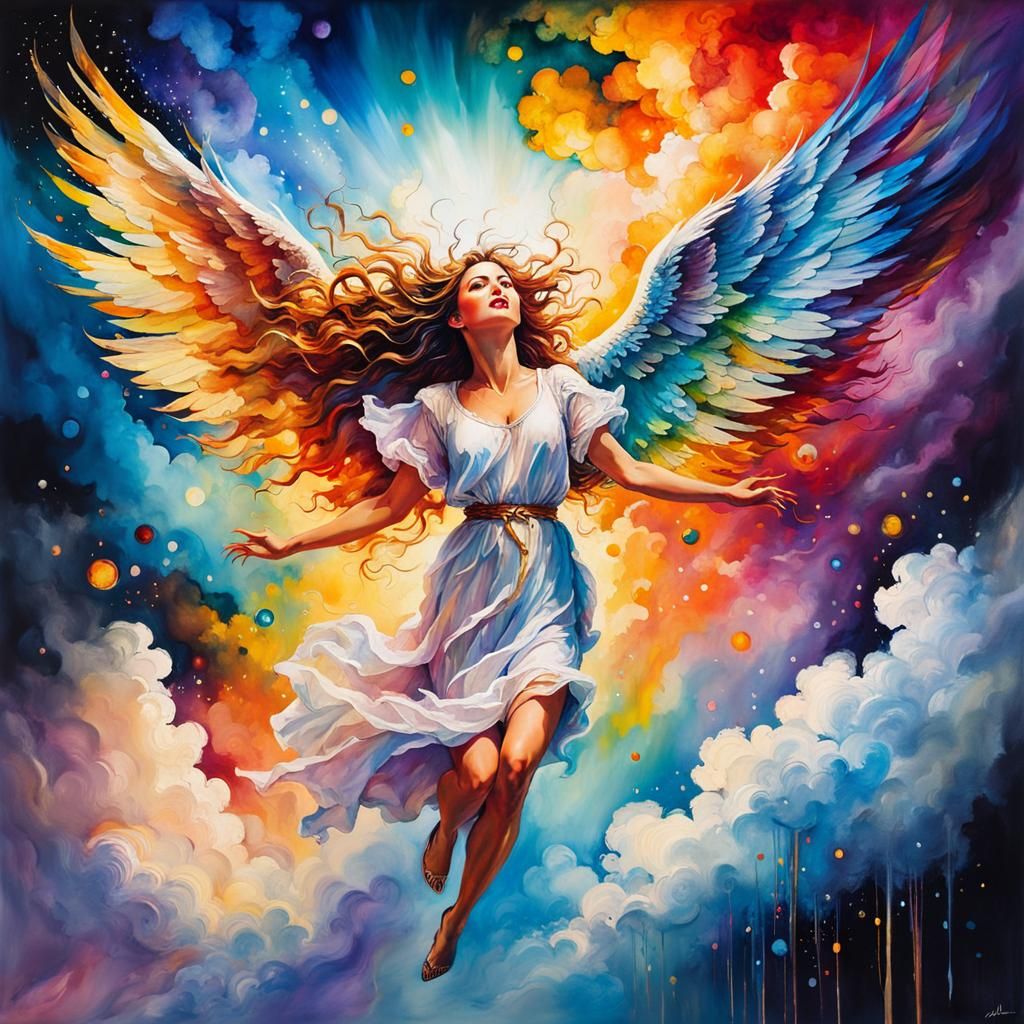 Angel Flying Through Rainbow Clouds: Stylized Watercolor Art