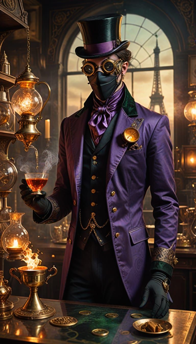 Steampunk Tea Alchemist in Elegant Salon