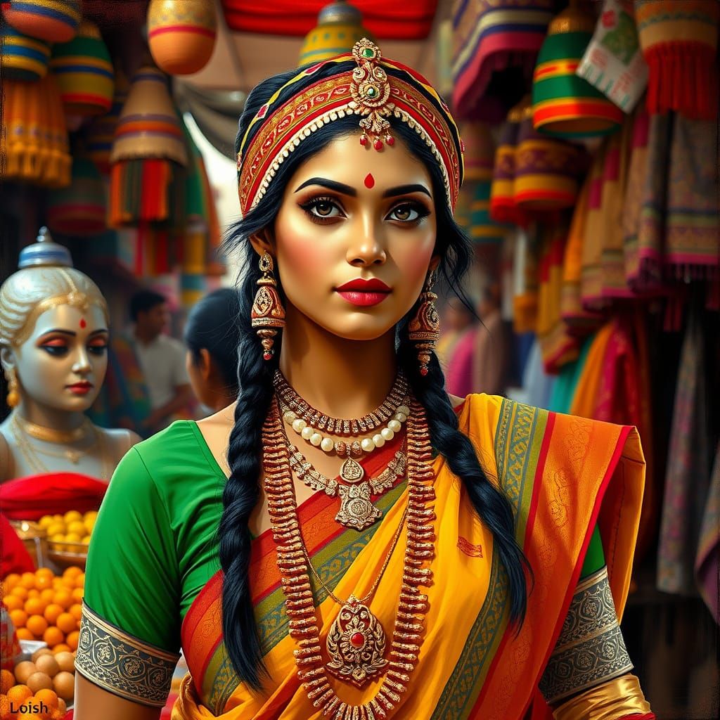 Indian Model in Vibrant Marketplace, Ravi Varma Style
