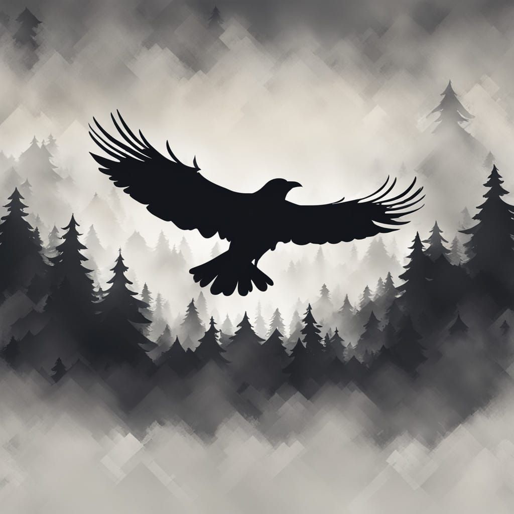 Mysterious Crow Emerge from Dark Mist in a Dismal Forest Sce...