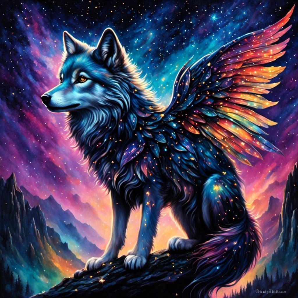 Dark Fairy Wolf in Gothic Alcohol Ink Style