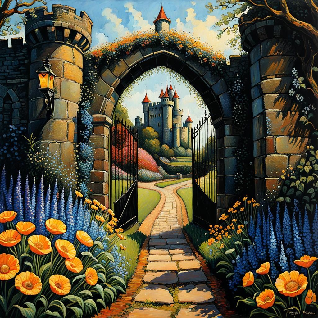 Harlequin Jester at Castle Gate in OIl Painting Style