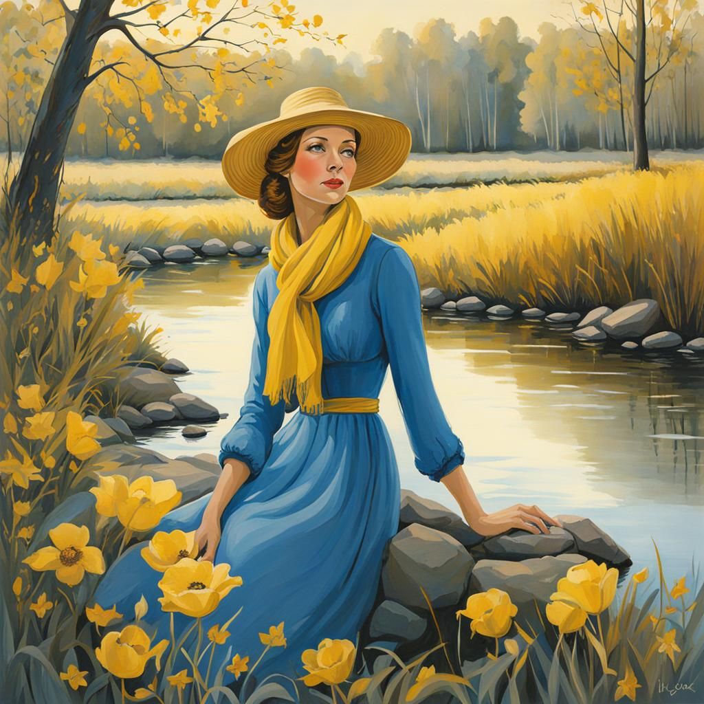 Whimsical Illustration: Young Woman at Riverbank