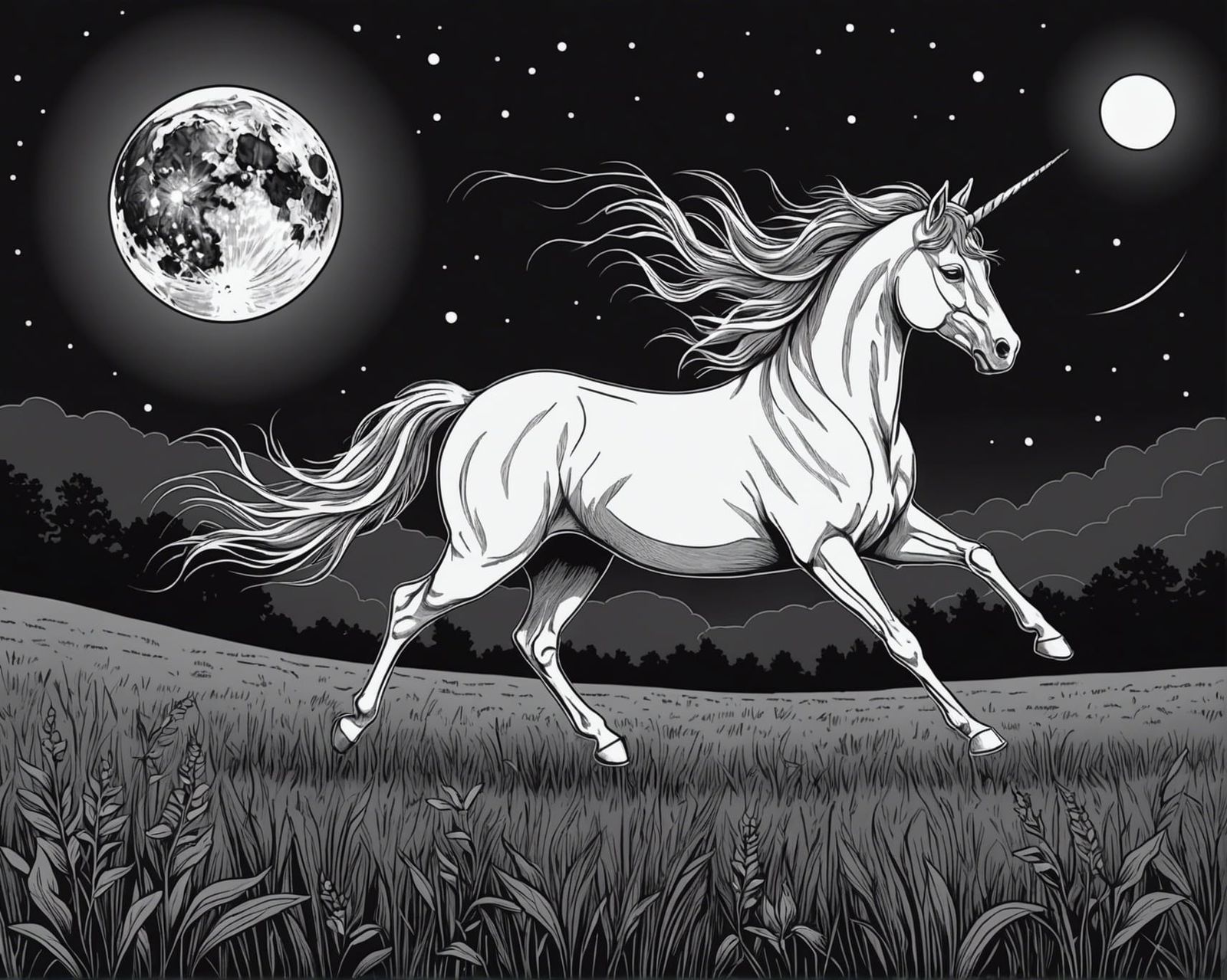 Black and white Line art Unicorn running in a field with a m...