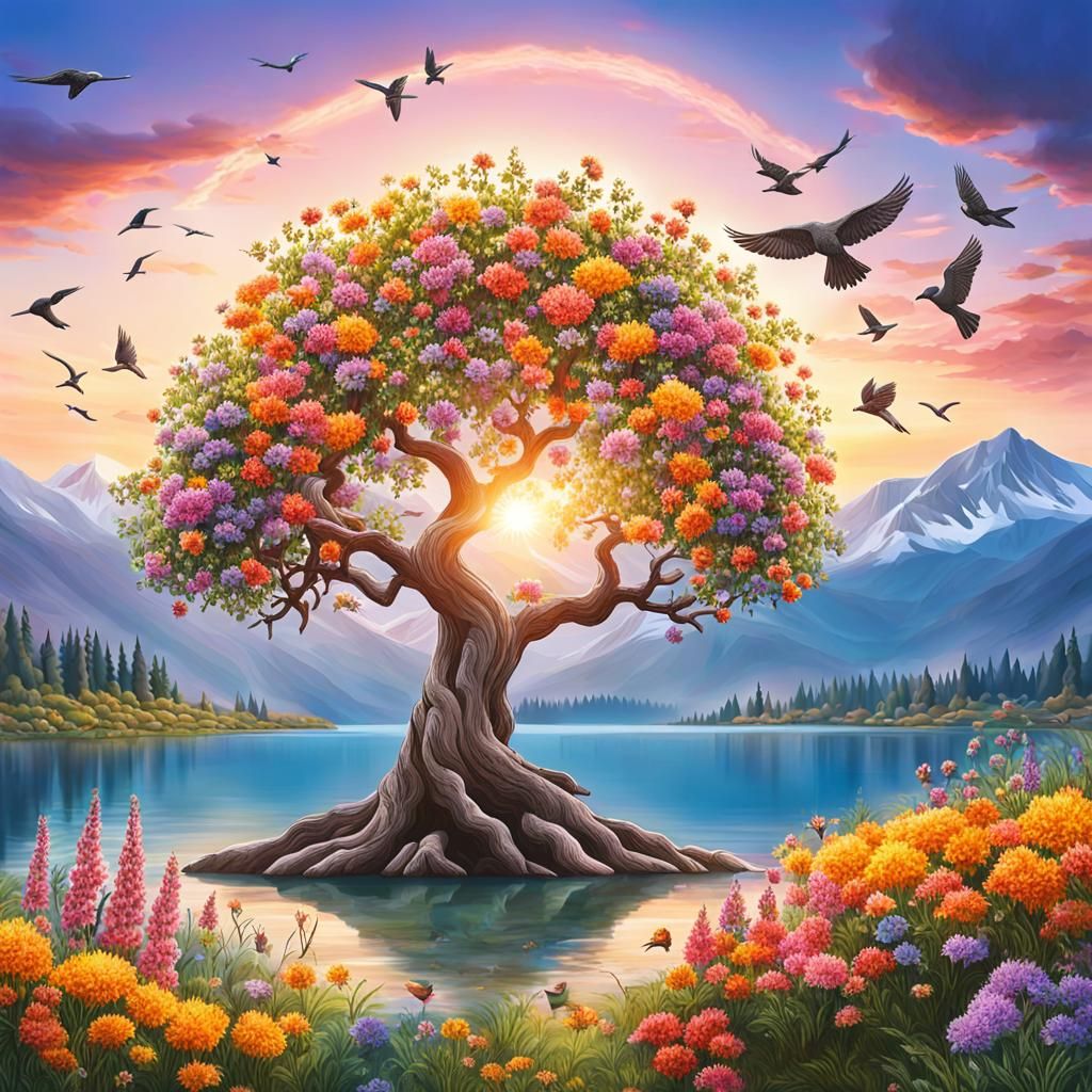 Ancient Tree of Life by Lake at Sunrise