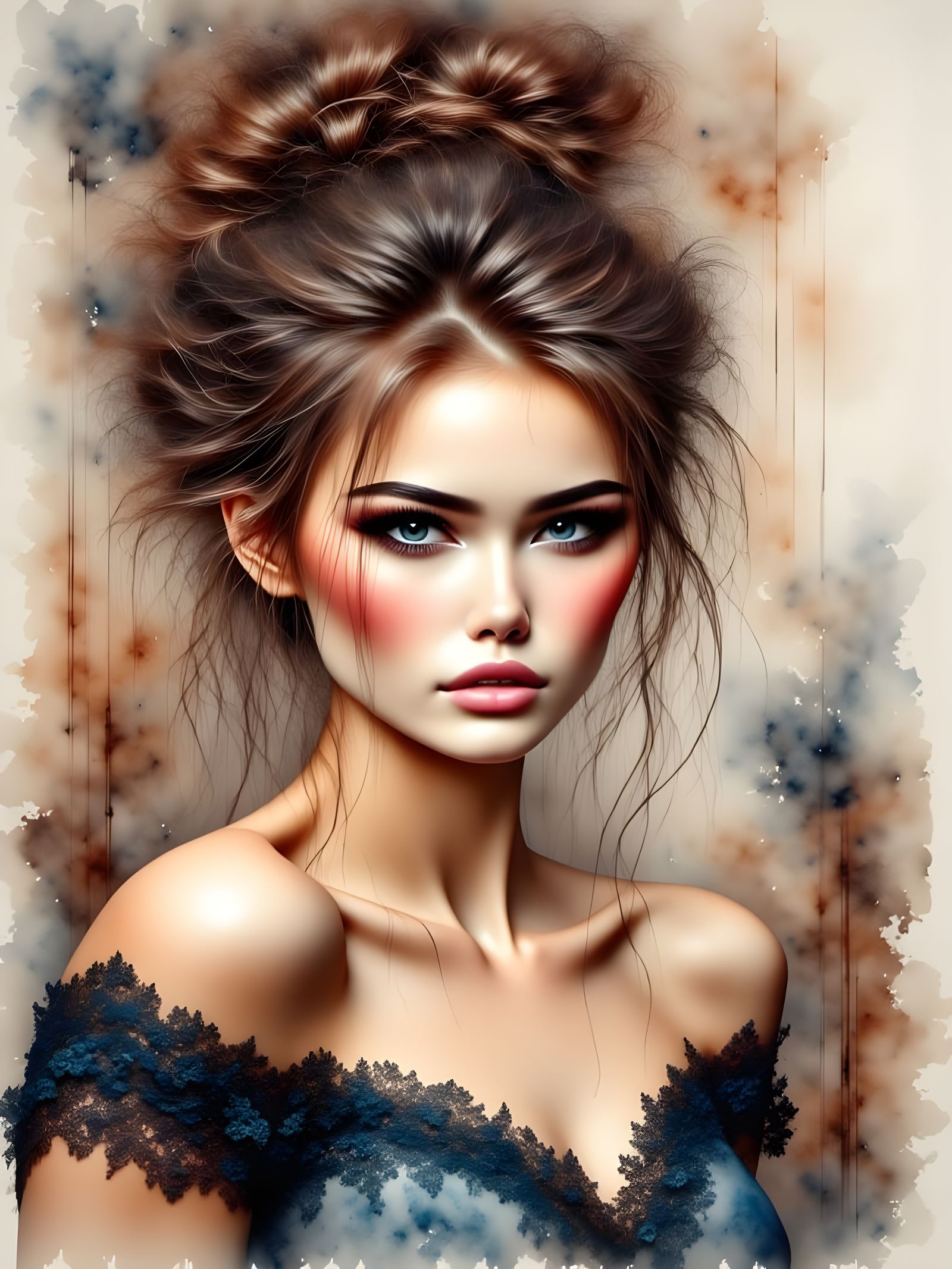 Elegant Woman in Sapphire Lace, Antique Watercolor Style