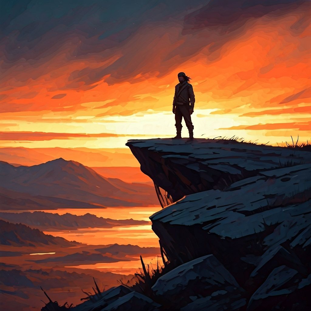 Silhouette on Windswept Cliff in Gouache Style