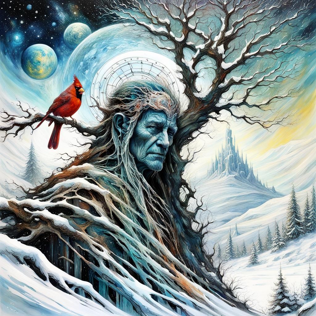 Snowy Old Man Winter—Pondese, Дід Мороз and Bird