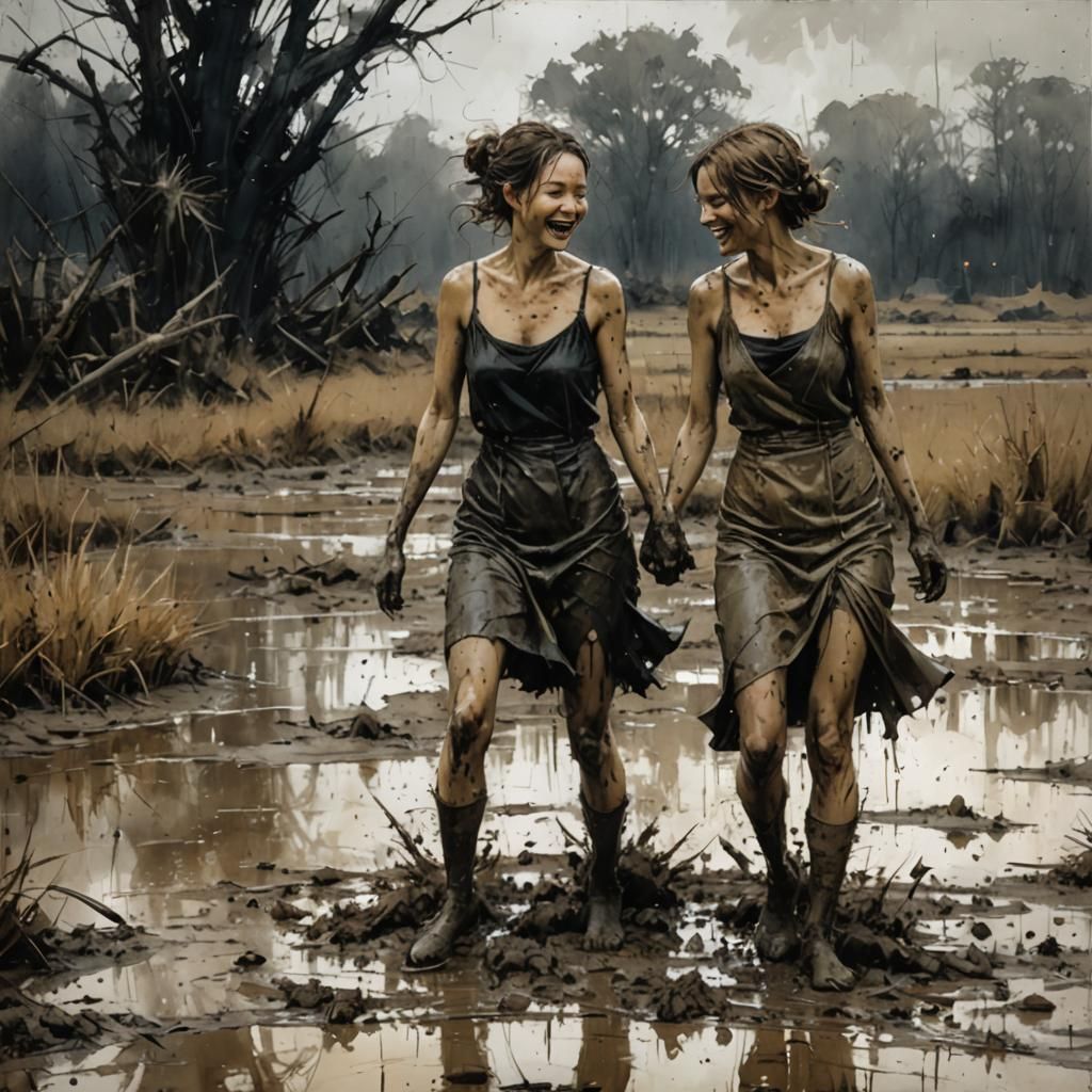 Women Find Mirth in a Muddy Landscape