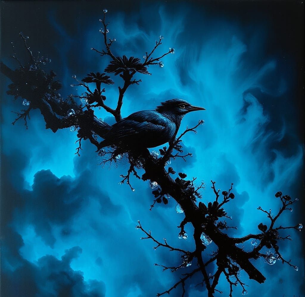 Surreal Abstract Bird in Azure Ebony Paradise