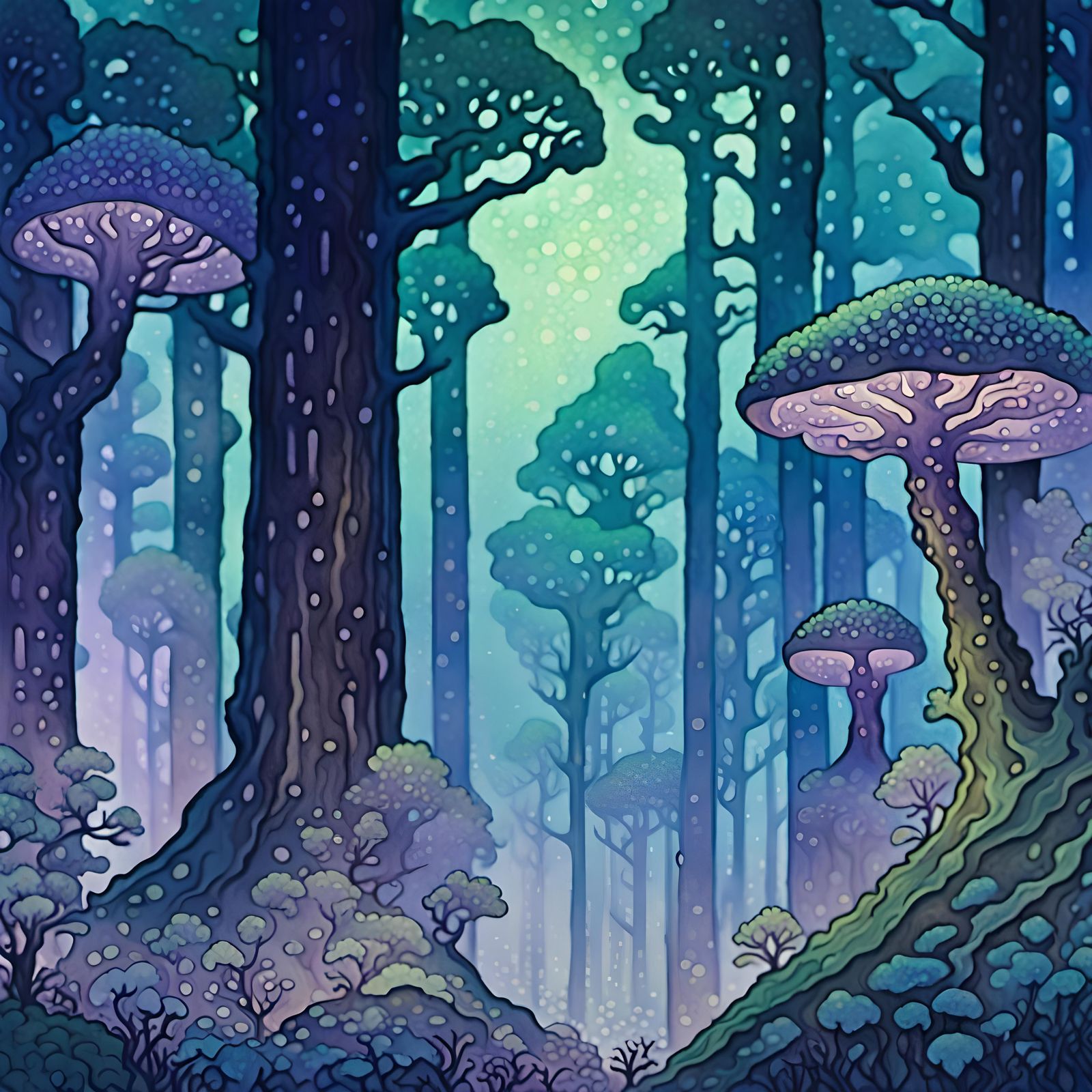 Ethereal Reptilian Fungal Trees in Watercolor Pointillism